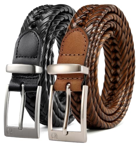 Image of CHAOREN Leather Braided Belts for Men 2 Pack - 1 1 /8 inch Leather Belts in Package Box - Versatile Style Solution
