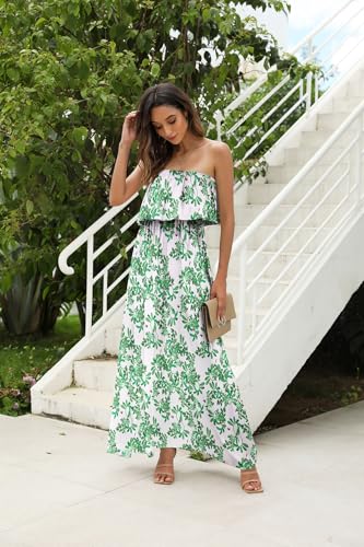 Image of ZMPSIISA Women's Summer Off The Shoulder Maxi Dress Ruffle Strapless Blue White Porcelain Boho Casual Loose Long Dresses