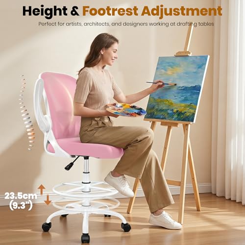 Image of Primy Drafting Chair Tall Office Chair with Flip-up Armrests Executive Ergonomic Computer Standing Desk Chair with Lumbar Support and Adjustable Footrest Ring (Pink)