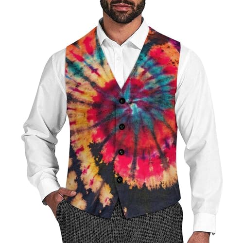 Colorful Abstract Tie Dye Swirl Men's Suit Vest Slim Fit V-Ncek Waistcoat Business Casual Vest
