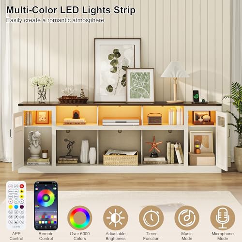 Image of chartustriable Farmhouse TV Stand for 100 Inch TV,95 inch Entertainment Center w /LED Light,Large Media Console Cabinet w /Rustic Barn Doors,Power Outlets,Adjustable Shelves for Living Room,White