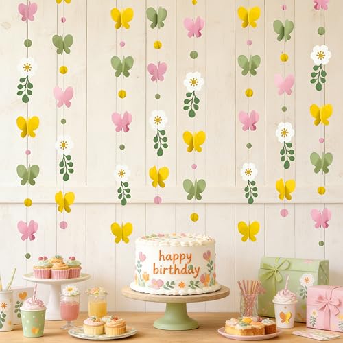 Image of Spring Decorations Flowers 3D Butterflies Dots Garland Green Pink Yellow Hanging Paper Streamer for Spring Birthday Mother's Day Wedding Bridal Shower Tea Party Decorations Supplies