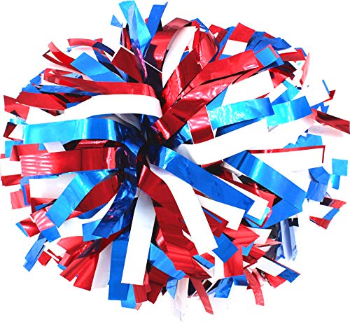 kuugear, Pair 3-Color 6" Metallic Cheerleading Pom Pom with Baton Handle - Royal Blue/Red/White