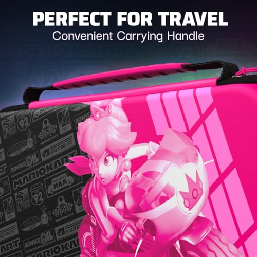 Image of PDP Nintendo Switch Travel Case Plus GLOW with Wrist Strap, Built-in Stand & Game Storage Pockets, Licensed Switch Lite /OLED Compatible: Grand Prix Princess Peach (Glow in the Dark)