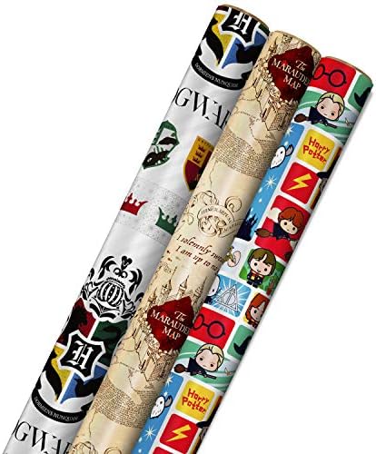 Hallmark Harry Potter Wrapping Paper with Cut Lines on Reverse (3-Pack: 60 sq. ft. ttl; Marauder's Map, Hogwarts Crest) for Birthdays, Graduations, Christmas, Valentine's Day