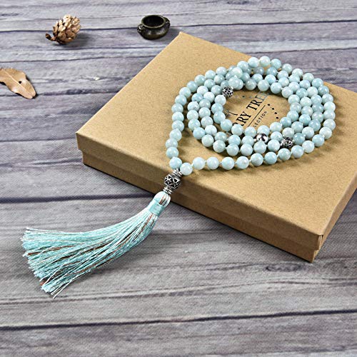Cherry Tree Collection Mala Necklace | 108 Hand-Knotted 8mm Gemstone Round Beads, Antiqued Guru and Counter Beads, and Tassel | Meditation, Buddhist Prayer, Healing (Amazonite AA) - Image 3