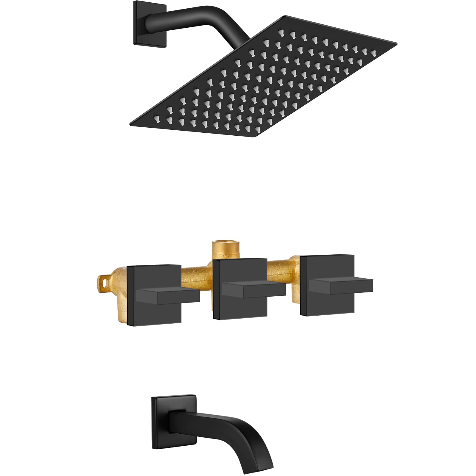 Midanya3 Handle Tub Shower Faucet with Tub Spout,8-inch Rainfall Bathtub Rain Shower Faucet Set and Rough-in Valve Wall Mount Bathroom Trim Kit Shower System, Square Shower Head Matte Black