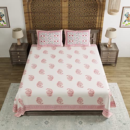 BLOCKS OF INDIA Hand Block Printed 300 TC Cotton King Size Bedsheet (Pink Paisley)