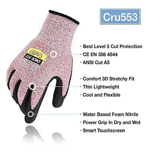 Image of DEX FIT Level 5 Cut Resistant Gloves Cru553, 3D Comfort Stretch Fit, Power Grip, Durable Foam Nitrile, Smart Touch, Machine Washable, Thin & Lightweight, Red 10 (XL) 1 Pair