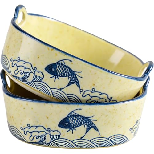 2 Pack Ceramic Baking Dish, 6.7-inch Vintage Fish Design Square Baking Dishs with Double Handle, Lasagna Baking Dish Set for Cooking, Cakes, Oven, Microwave