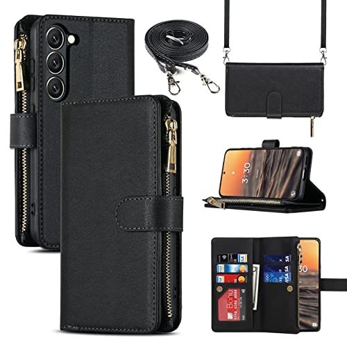 Jaorty Samsung Galaxy S23 5G Wallet Case,[9 Card Slots] Removable Adjustable Crossbody Necklace Lanyard Shoulder Strap Zipper Magnetic Leather Case for Samsung Galaxy S23 5G,6.1 inch Black