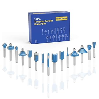 Renekton Tungsten Carbide Router Bits, 1/4in Shank, Woodworking Routing Drill Bits Kit with Wood Storage Case, 15 Piece