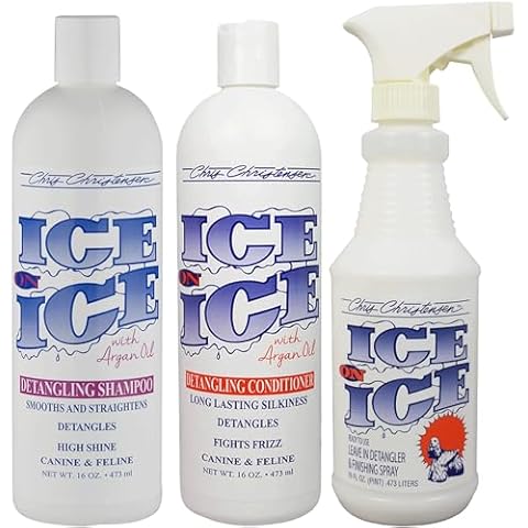 Chris Christensen Ice on Ice Bag Deal 64 - Detangling Shampoo, Conditioner & Finishing Spray for Dogs - Ice on Ice Bag Deal 16oz – High Shine & Fights Frizz Detangles for Dog Skin Problems Cover