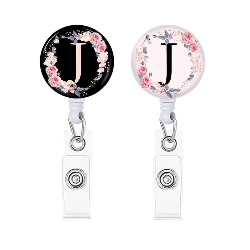 2Pcs A-Z Letter Badge Reels Holder Retractable with ID Clip for Nurse Name Tag Card Cute Nursing Doctor Teacher Student Medical Work Office J