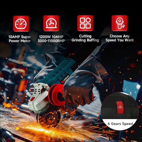 Image of Angle Grinder 4-1 /2 Inch, 10-Amp, High Power Angle Grinder Tool with Cutting & Grinding Wheels, Non-Slip and Shockproof Auxiliary Handle for Cutting, Grinding, Polishing and Rust Removal (Blue)