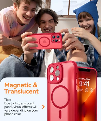 Image of CANSHN Magnetic Compatible with iPhone 13 Pro Max Case, Upgraded [Full Camera Protection] [Compatible with Magsafe] [Translucent Matte] Shockproof Protective Phone Case Cover 6.7 Inch - Red