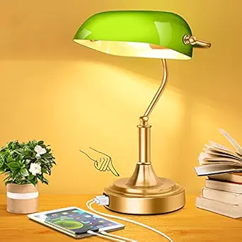 Green Glass Bankers Lamp with 2 USB Ports, 3-Way Dimmable Vintage Desk Lamp, Retro Touch Bedside Table Lamp with Brass Base for Nightstand Home Office Library Bedroom Reading, LED Bulb Included
