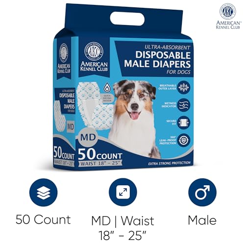Image of American Kennel Club Male Dog Wrap, Disposable Diapers with Wetness Indicator, Medium, 50 Count (Pack of 6)