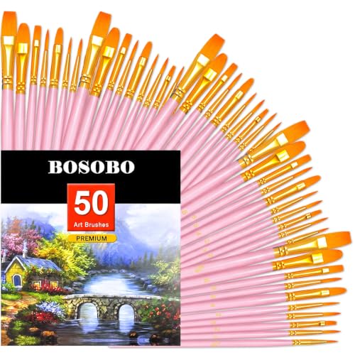 Image of BOSOBO Assorted Nylon Acrylic Artist Paint Brushes Set,Pink,50 Pcs