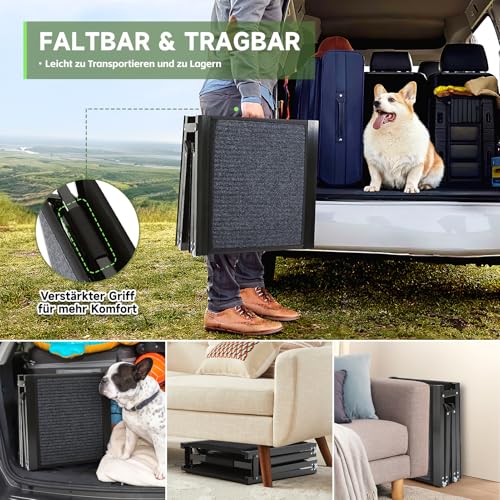 The Fellie Große Hunderampe Auto Klappbar 170CM, Hundetreppe Mit Rutschfester Teppichoberfläche Für Große, Mittlere Und Kleine Hunde, Tragbare Hunderampe Für SUV Auto & LKW, Hundetreppe Bis Zu 110KG