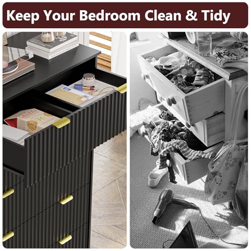 Image of Black Dresser for Bedroom with 6 Drawer, 46 inch Tall Fluted Wooden Dresser Storage Cabinet and Chest of Drawers with Metal Handle, Storage Organizer for Living Room, Hallway, Entryway