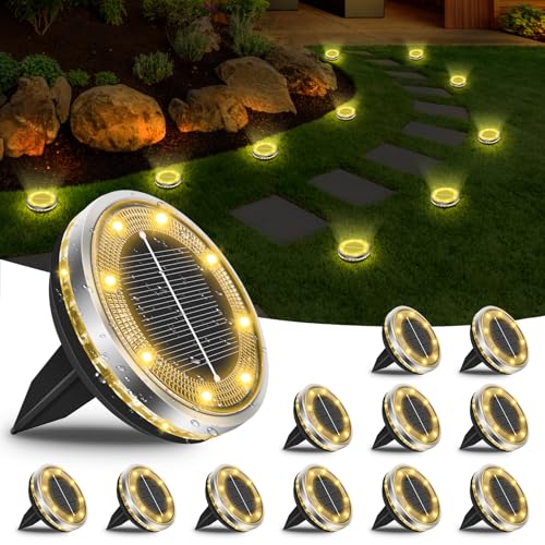 Bowfar 12 Stück Solar Bodenleuchten Aussen, IP65 Wasserdicht Solarlampen 12 LEDs Gartenbeleuchtung Solar Mit Upgrade Solarpanel, Warmweiß...