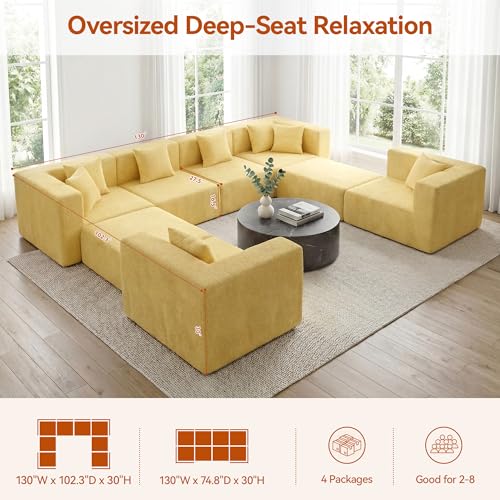 Image of MONVANE Modular Sectional Sofa, Oversized 8 Seat Convertible U Shaped Couch with Ottoman, Comfy Teddy Velvet Cloud Couch with Deep Seat, Sectional Couches for Living Room, No Assembly Required, Yellow