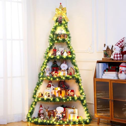 CroBlissful 6 Tier 6ft Christmas Village Display Stand Christmas Tree Corner Shelf Large Wood Platform Bookshelf for DIY Living Room Bedroom Home Office Decor
