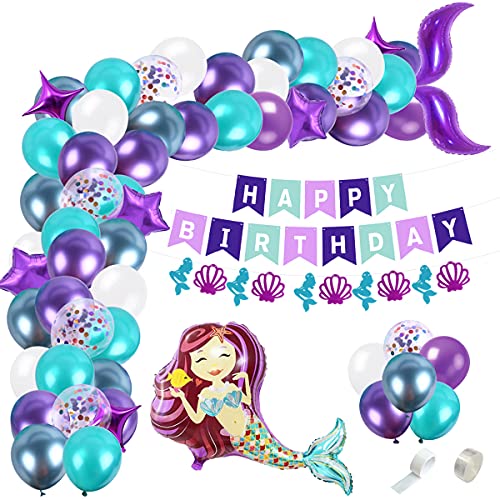 Meerjungfrauen Deko Kindergeburtstag Mädchen XXL Set - 78 Teile - Geburtstag im Meerjungfrauen Look - XXL Folienballons, Luftballons, Girlande, Kuchentopper - lila, türkis Cover