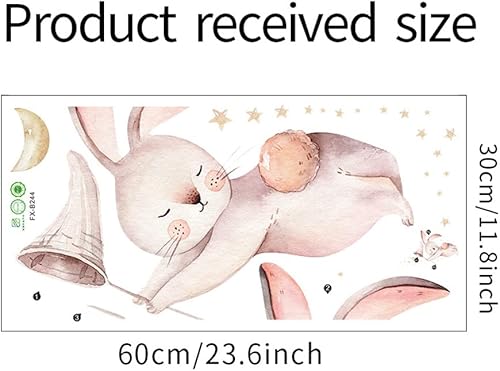 Miniatura 6 de Wland Calcomanías de vinilo extraíbles de 17.3 x 25.6 pulgadas, lindo conejo de dibujos animados, acuarela, conejo, atrapando luna, estrellas,