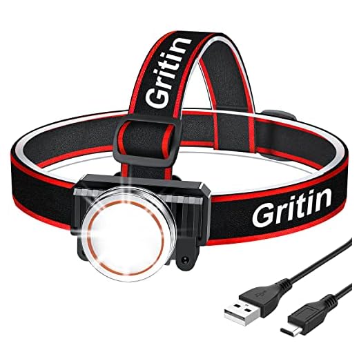 Gritin Linterna Frontal LED Recargable, 2000 lux Super Brillante Impermeable Linterna Cabeza con Sensor de Movimiento, 4 modos de luz, 30 horas de Funcionamiento para Correr, Camping, Excursión, Pesca