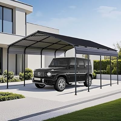 ANTSKU 12x20 Ft Metal Carport, Heavy Duty Car Port with Galvanized Steel Roof and Enhanced Base, Outdoor Car Garage, Large Carport Canopy, Steel Car Shelter for Car, Boats and Truck, Dark Gray