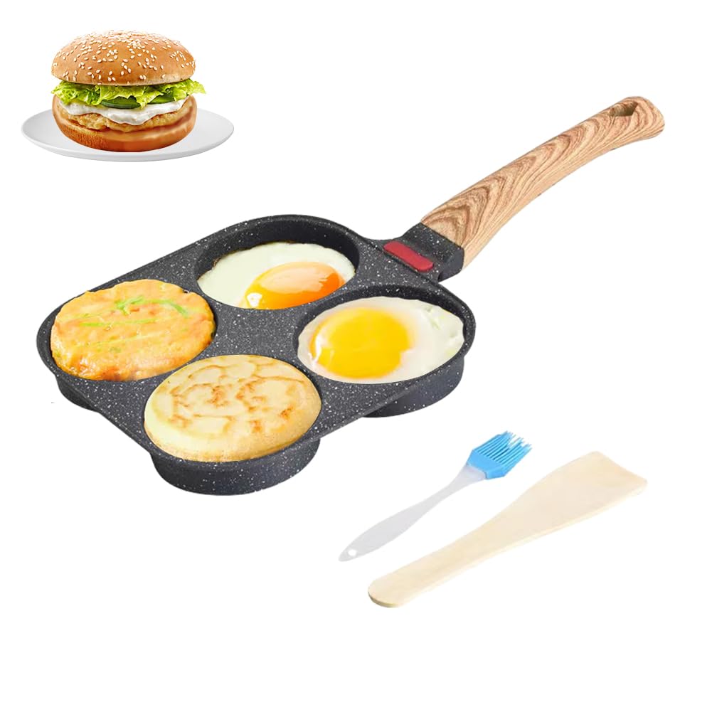 4 Hole Egg Frying Pan - Non-Stick Aluminum Skillet for Omelette, Pancake, Burger, Plett, Crepe - Suitable for All Gas Hobs and Induction