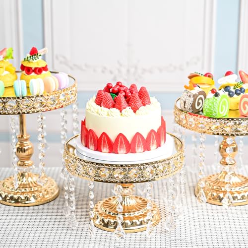3 PCS Round Cake Stand with Crystal Bling Pendants European Style Lace Cake Plate Golden Premium Display Stand with Crystal Bling Pendants Dessert Showcase Set for Birthday Parties,Wedding,Banquet - Image 3