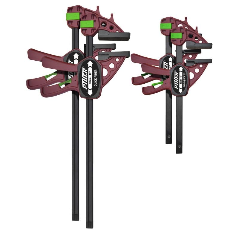 Piher Einhandzwingen Set 4-tlg. – 2x Mini Quick 15 cm + 2x Mini Quick 30 cm – Schraubzwingen & Spreizzwingen mit 75 kg Spannkraft – Schnellspannzwingen für Holz, Werkstatt, Montage & DIY