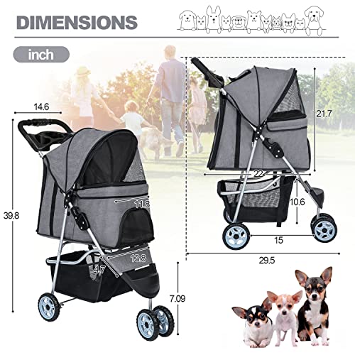 BestPet Pet Stroller Dog Cat Jogger Stroller for Medium Small Dogs Cats Folding Lightweight Travel Stroller with Cup Holder (Grey, 3 Wheels)