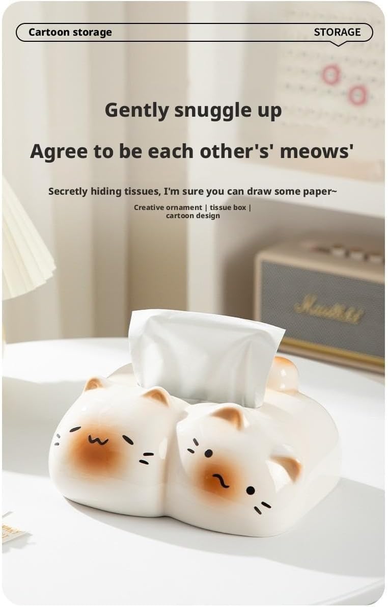 Couple Cat Creative Ceramic Tissue Box, INS Style Light Luxury High-End Napkin Holder for Living Room Desktop,Large Caliber Design Smooth Pull, Home Decor Ornament，2colors (A)