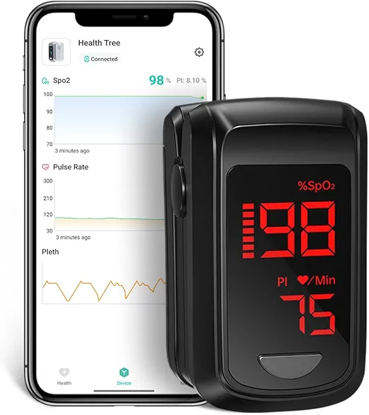 Fingertip Pulse Oximeter- HOLFENRY Pulse Oximeter Bluetooth Oximeter Oxygen Saturation Monitor for SpO2/Heart Rate/PI, with Auto Graph Display/Alarm/Dedicated App, Compatible with iOS&Android