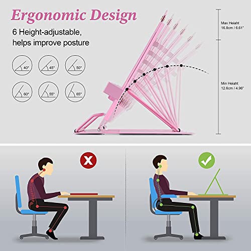 Image of Volo Portable Metal Desktop Book Stand - Adjustable Foldable Cookbook Holder for Reading, Recipes, Textbooks, and Music (Pink)