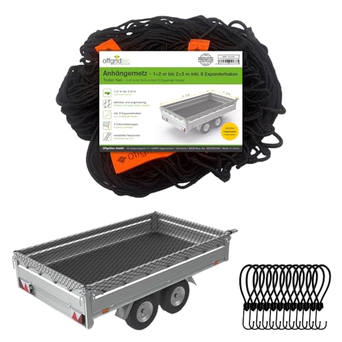 Offgridtec Anhänger-Ladungssicherungsnetz 1x2m auf 2x3m, Dehnbar & Feinmaschig, Inkl. 8 Spannhaken, Eckmarkierungen, Verstärktes Gummiseil, Ladungssicherung für Anhänger, Gartenabfälle, Baumaterialien