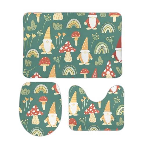 トイレマット 3点セット ドワーフ きのこ キノコ 花柄 フタカバー 便座カバー 洗える 足ふきマット ふわふわ 滑り止め U型 O型 兼用 ズレない おしゃれ 吸水速乾 50cm x 80cm