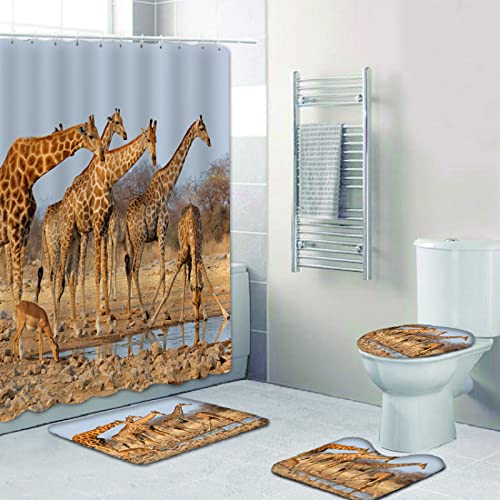 Duschvorhang Tiergiraffe Badezimmerteppich 4-Teiliges Set, Duschvorhang 180x180 Polyester+Badematte rutschfeste(50x80)+U…