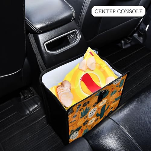 Image of Car Trash Can Organizer Bin with Adjustable Strap for Back Front Seat Console Waterproof Leakproof Collapsible Portable 11 Inch Orange Day Of The Dead Skull Cacti