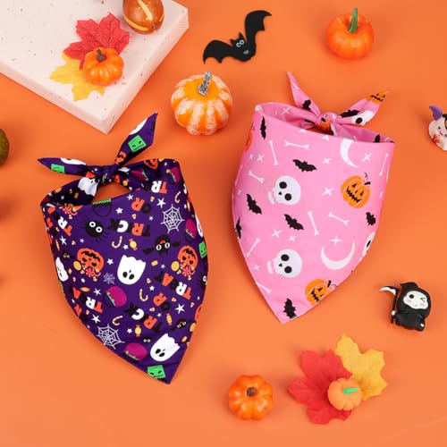 SZEE Hundehalstuch Halloween Kostüm Hunde Bandana for Dogs, Geschenk Deko mit Kürbis Motiv, Kopftücher Waschbarer Hundehalstücher für Kleine/Mittel/Große Hunde und Katzen Haustier, Lila+Rosa, L