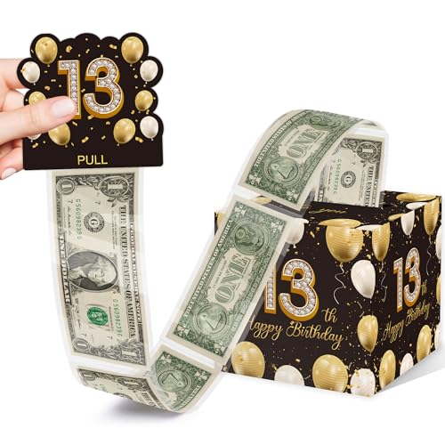 Azbuk 13th Birthday Money Pull-Out Surprise Box Gift for Teens | Creative Cash Present with Pulling Design | Includes 35PCS Clear Money Bags for Cash Gifts (Unisex Boys & Girls)​