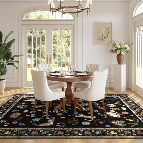 Living Room Rug 5x7 Rug Machine Washable Boho Area Rug Non Slip Floral Animal Cat Vintage Low Pile Large Rugs for Living Room Bedroom Farmhouse Dining Room Kids Playroom, Black