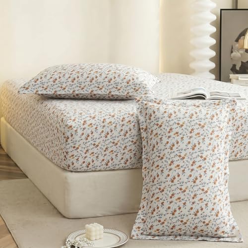 Image of IVAZA Ezyption Cotton Super Soft 240 TC Elastic Fitted All Around Elastic Printed King Size Double Bed Bedsheet with 2 Pillow Cover 72 inch X 78 inch3 Brown & White
