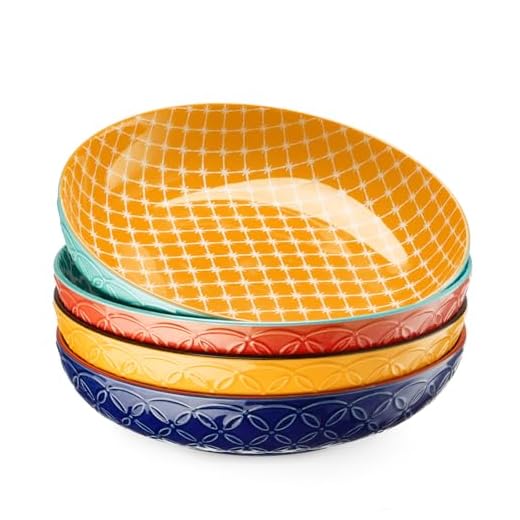 DOWAN 8.5" Vibrant Pasta, Salad & Soup Serving Bowls Set of 4, Embossed Large Porcelain Ceramic, Microwave, Oven & Dishwasher Safe, Bonita Design Perfect for Daily Dining, Family Gatherings, Party