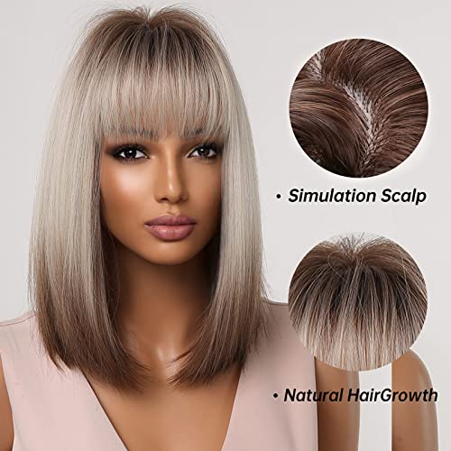 Allbell Braun Blonde Ombre Bob Perücken für Frauen Cosplay Perücke mit Bangs Dunkle Wurzeln Grau Naturhaar Synthetische Perücke – Bild 3