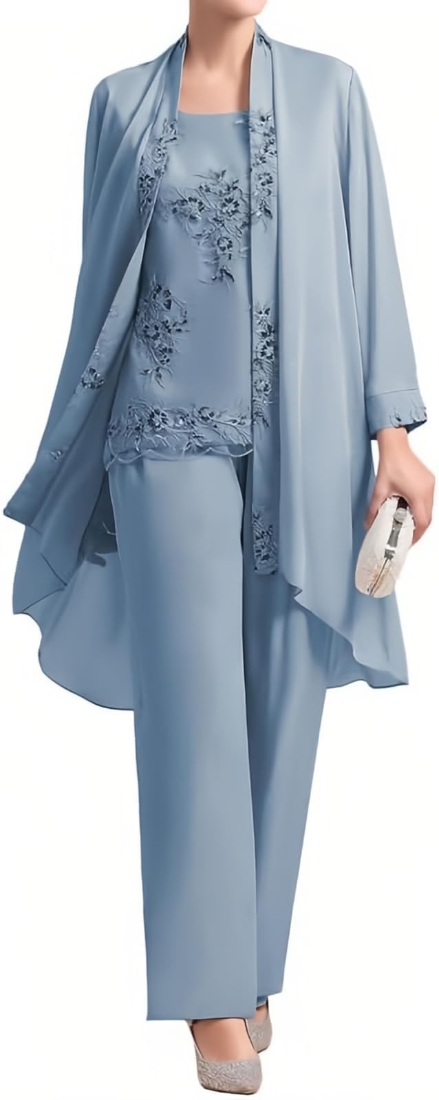 Mother of The Bride Pant Suits 3Pcs Wedding Guest Dresses Chiffon Formal Dress with Long Jacket Moody Blue US10